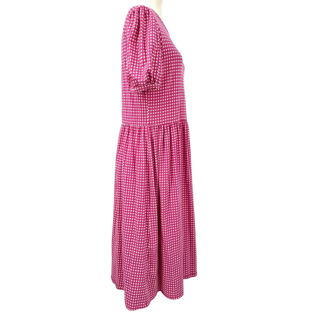 URBAN OUTFITTERS Women's Medium Pink Gingham Check Short Puff Sleeve Midi Dress - Picture 3 of 12